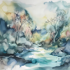 Village River Landscape Watercolor. Generative AI
