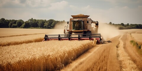 Fototapeta na wymiar AI Generated. AI Generative. Harvester combine ctractor at sunset field of wheat grain plant. Farmer outdoor inspirational vibe. Graphic Art