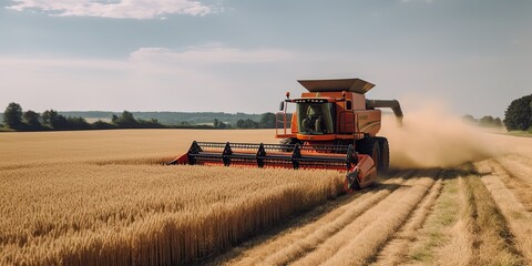 Fototapeta premium AI Generated. AI Generative. Harvester combine ctractor at sunset field of wheat grain plant. Farmer outdoor inspirational vibe. Graphic Art