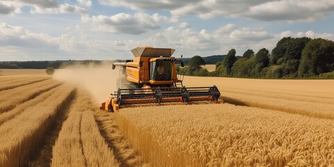 Obraz premium AI Generated. AI Generative. Harvester combine ctractor at sunset field of wheat grain plant. Farmer outdoor inspirational vibe. Graphic Art