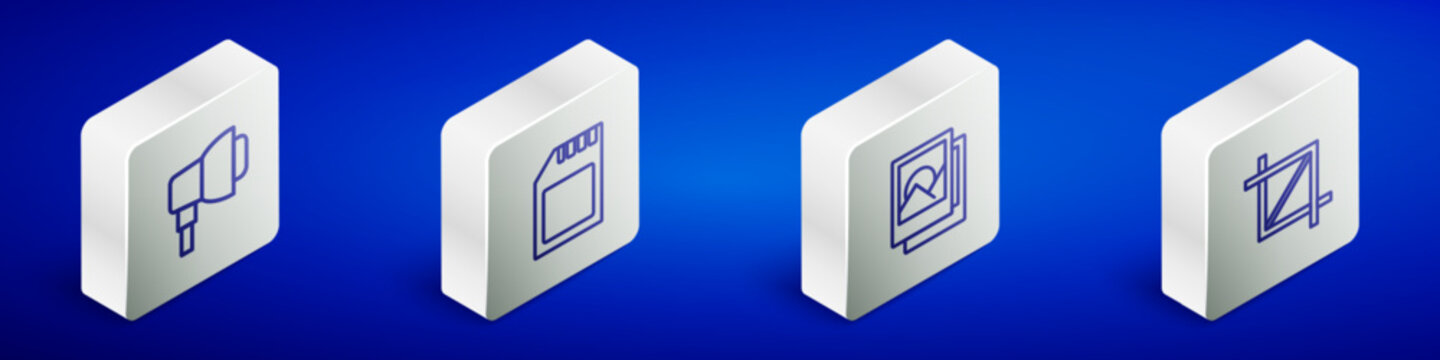 Set Isometric line Softbox light, SD card, Photo frame and Picture crop photo icon. Vector