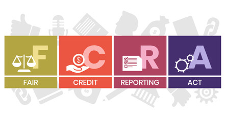 FCRA - Fair Credit Reporting Act acronym, business concept. word lettering typography design illustration with line icons and ornaments. Internet web site promotion concept vector layout