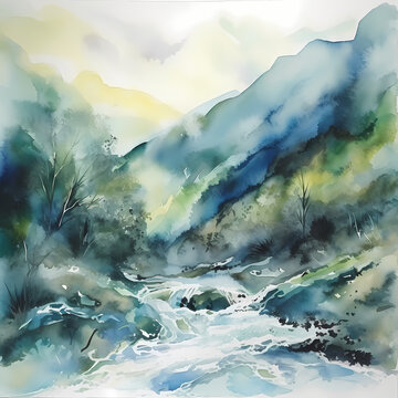 Village River Landscape Watercolor. Generative AI © Darwis