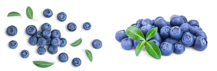 fresh ripe blueberry with leaves isolated on white background  . Top view. Flat lay pattern