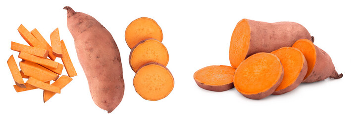 Sweet potato isolated on white background closeup. Top view. Flat lay.