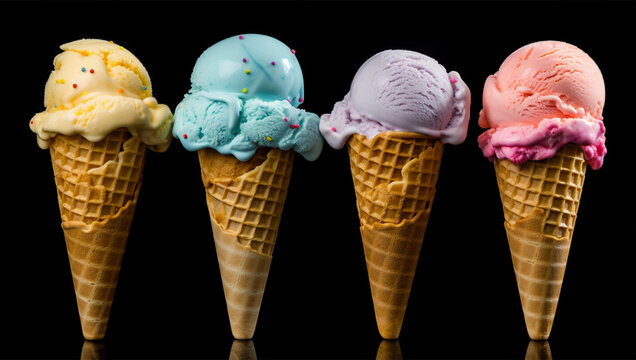 A row of ice cream cones with different flavors on them, AI Generative
