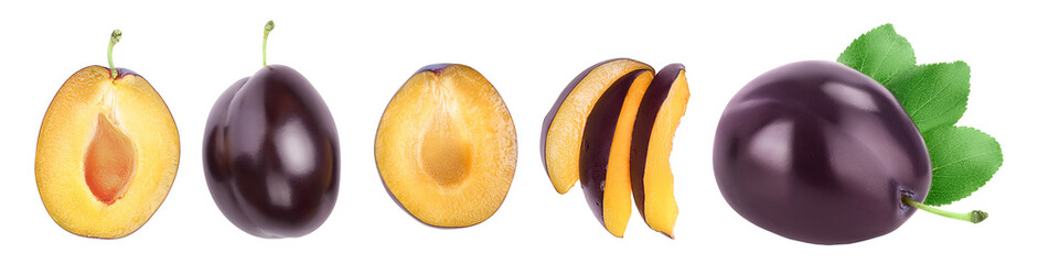 fresh purple plum and half isolated on white background . Top view. Flat lay. Set or collection.