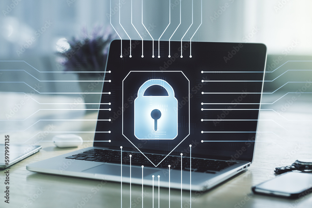 Poster creative light lock illustration with microcircuit on modern computer background, cyber security con