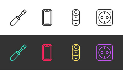 Set line Screwdriver, Mobile phone, Battery charge and Electrical outlet on black and white. Vector