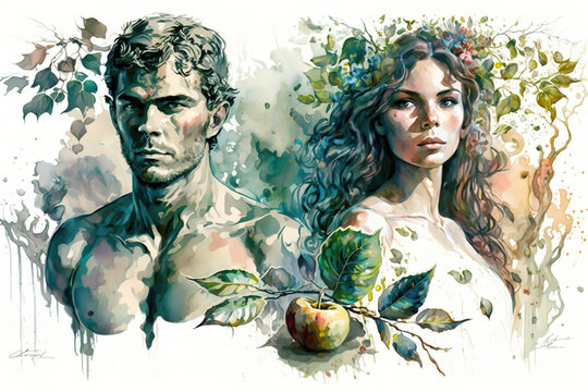 Biblical scene of Adam and Eve in Eden, watercolor illustration. Generative AI.