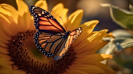 A butterfly perched on a flower, showing bright and beautiful colors, Created with generative Ai Technology.
