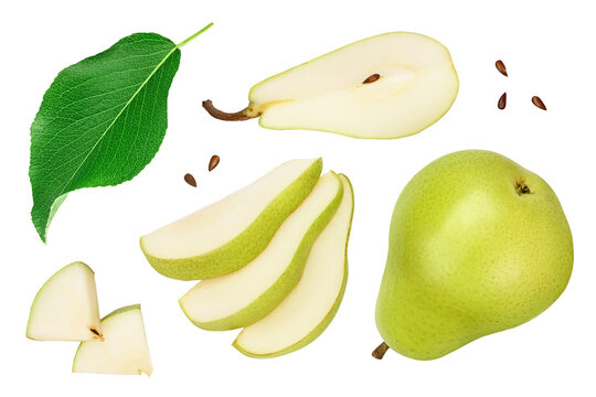 Green pear fruit with slices isolated on white background . Top view. Flat lay
