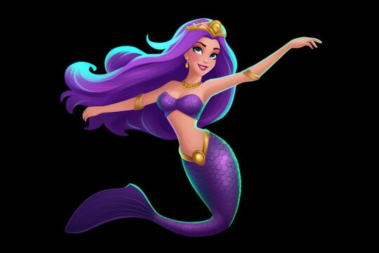 A beautiful mermaid with a crown, purple hair and a pirple fishtail isolated on a black background. Fantasy woman. Banner for world oceans day or World Water Day. created with generative ai