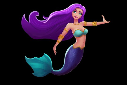 A beautiful mermaid with purple hair and a pirple fishtail isolated on a black background. Fantasy woman. Banner for world oceans day or World Water Day. created with generative ai