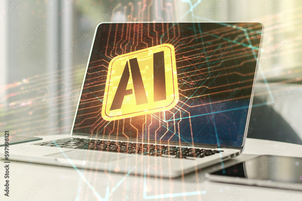 Aufkleber Double exposure of creative artificial Intelligence icon with modern laptop on background. Neural networks and machine learning concept