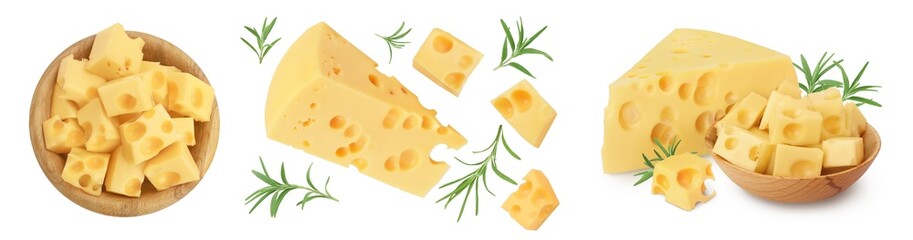 piece of cheese in wooden bowl isolated on white background. Top view with copy space for your text. Flat lay