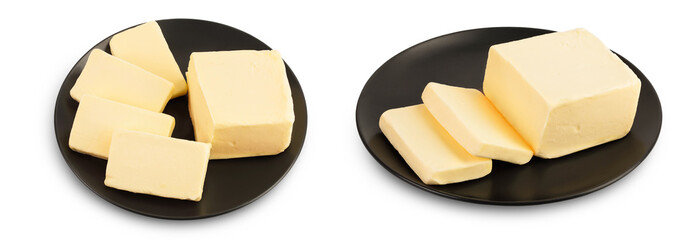 butter slices in black plate isolated on white background with full depth of field, Top view. Flat lay.