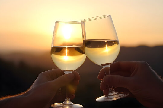 A Toast With Glasses of White Riesling Wine on a Sunset, Close Up Shot: AI Generated Image