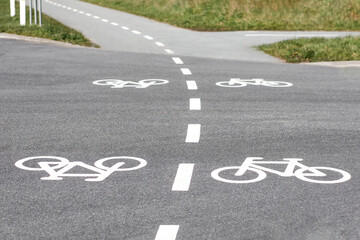 White road markings on the road showing the continuation of the movement of bicycles across the main road