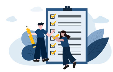 People checking giant check list with big pencil. Woman marked checklist on a clipboard paper.
                        Business concept. use for test, questionnaire. tiny people flat illustration concept.