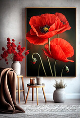 Large picture with poppies in the interior of the room. AI Generated