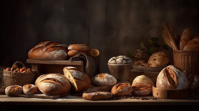 AI Generated. AI Generative. A lot of different fresh baked bread products and deserts. Bakerhouse warm vibe. Graphic Art