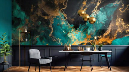 Transform Your Space with Luxurious Gold and Black Marble Wallpaper Featuring a Stunning Turquoise Hue