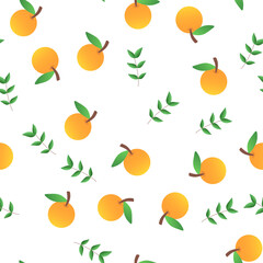 Seamless pattern of cute hand drawn orange and green leaves. Drawing doodle. Art abstract concept. Fruit and food theme. Isolated white background. Vector illustration.