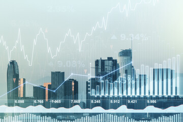 Multi exposure of virtual creative financial chart hologram on Los Angeles skyscrapers background, research and analytics concept