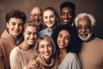 Obraz premium Multi-generational, multi-ethnic group of people posing together in studio. Ai generated.