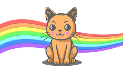 Vector cute simple little ginger sitting kitten on a curved rainbow background.