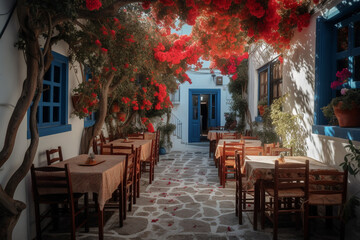 Fototapeta na wymiar A charming and cozy tavern in Greece, with traditional decor and mouth-watering cuisine. Ai generated.