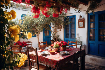 A charming and cozy tavern in Greece, with traditional decor and mouth-watering cuisine. Ai generated.