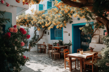 A charming and cozy tavern in Greece, with traditional decor and mouth-watering cuisine. Ai generated.