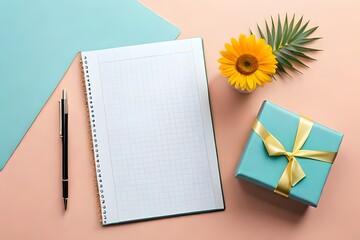 Flat lay gift box and blank note isolated on pastel spring background