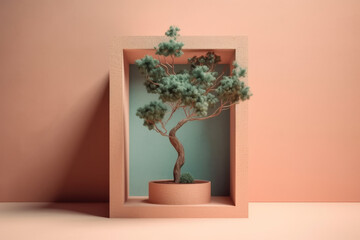 Potted plant bonsai in frame on pink color background, created with Generative AI