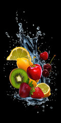 marketing inspired fruits falling into water, sliced banner, generative ai technology