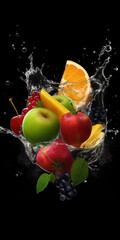 Fototapeta na wymiar a lot of fruits are sliced by water, marketing illustration, generative ai technology