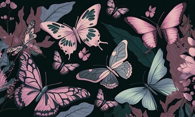 Dark gothic illustration of butterflies on black background. Generative AI.