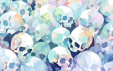 Abstract watercolor pattern with blue skulls. Generative AI technology.