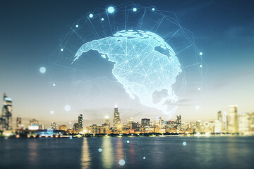 Double exposure of graphic America map hologram on Chicago office buildings background, big data and digital technology concept - obrazy, fototapety, plakaty