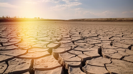 Desiccated lakebed with fissured terrain, stark scenery, embodying the idea of climate transformation. Generative AI
