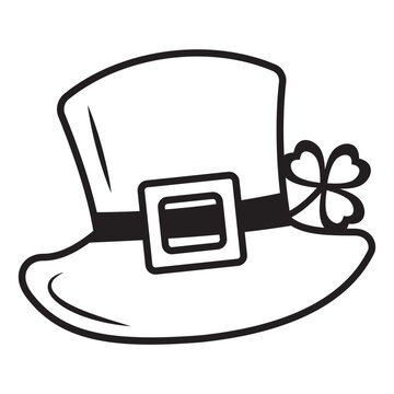 Festive Hat with clover for Patrick's Day, black outline in doodle style