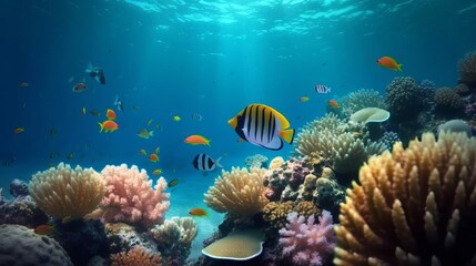 Fototapeta na wymiar Colorful coral reef and fish. Clean underwater world scene