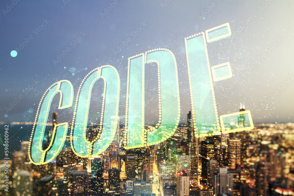 Aufkleber code word hologram on chicago skyscrapers background, artificial intelligence and neural networks co