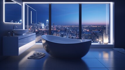 Naklejka premium A modern bathroom interior with a beautiful view of the urban skyline during blue hour. 