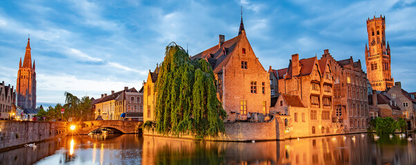 Bruges old town at night, Belgium - obrazy, fototapety, plakaty