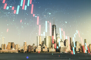 Double exposure of abstract virtual global crisis chart and world map hologram on New York city skyscrapers background. Financial crisis and recession concept