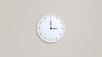 White wall clock with black clockwise hanging on the wall. Minimalist flat lay image of plastic wall clock over soft color background with copy space and central composition.