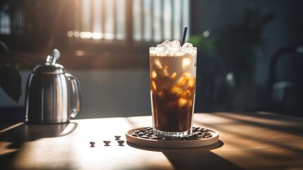 Ice coffee in a tall glass with cream poured over and coffee beans, Cold summer drink, Generative AI